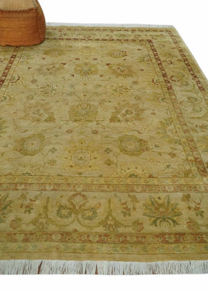 Antique Style 8x10 Hand Knotted Beige, Olive and Brown Traditional Oushak Wool Rug