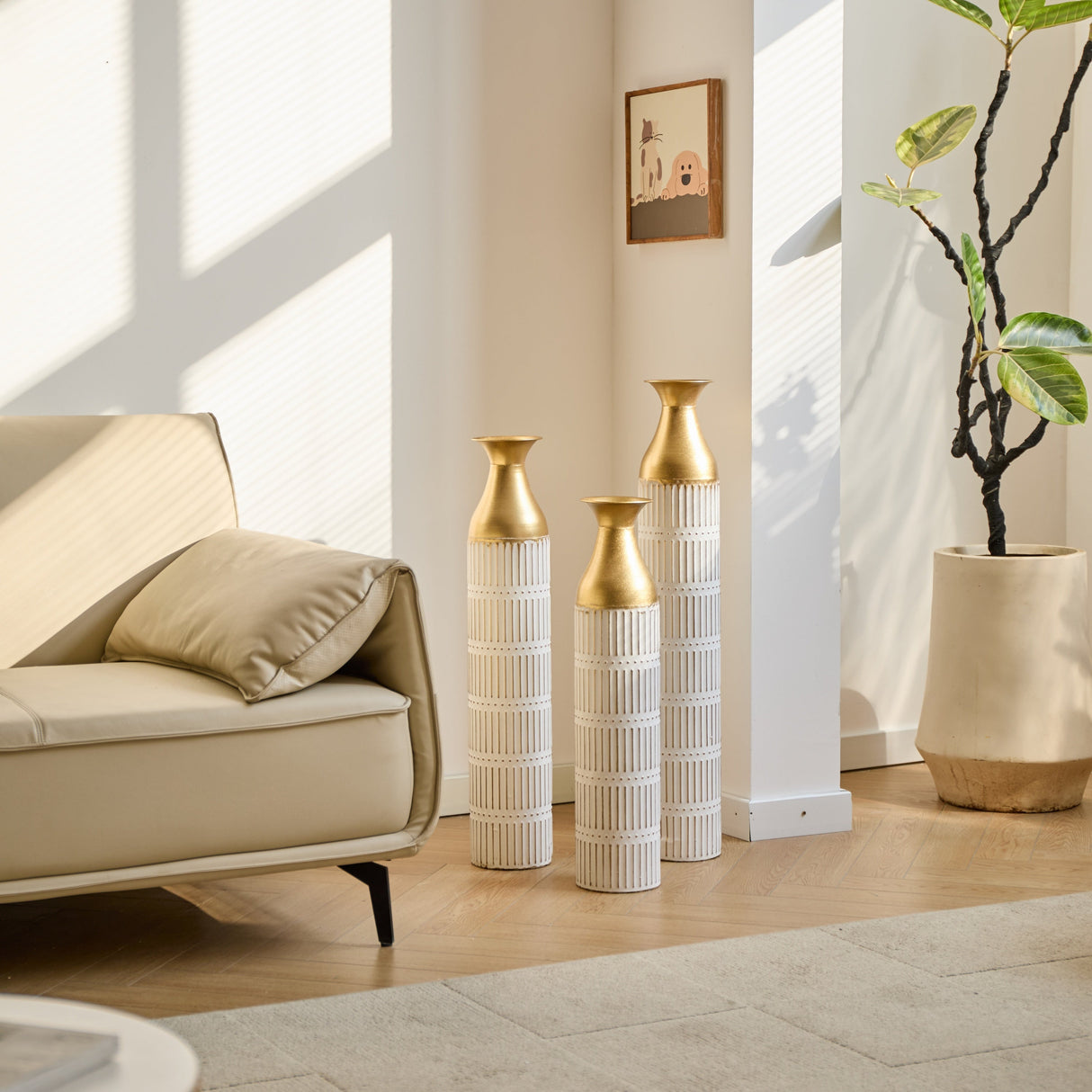 Floor Metal Vases Set of 3 - White with Gold Accents