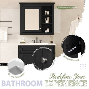 Bathroom Vanity With Top Sink, 2 Doors And 3 Drawers, Freestanding Set With Mirror Cabinet