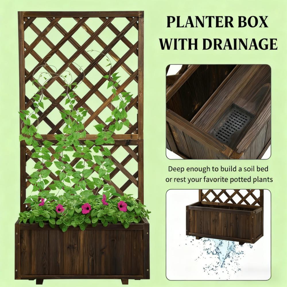 Wooden Raised Garden Bed Planter with Trellis and Drain Holes