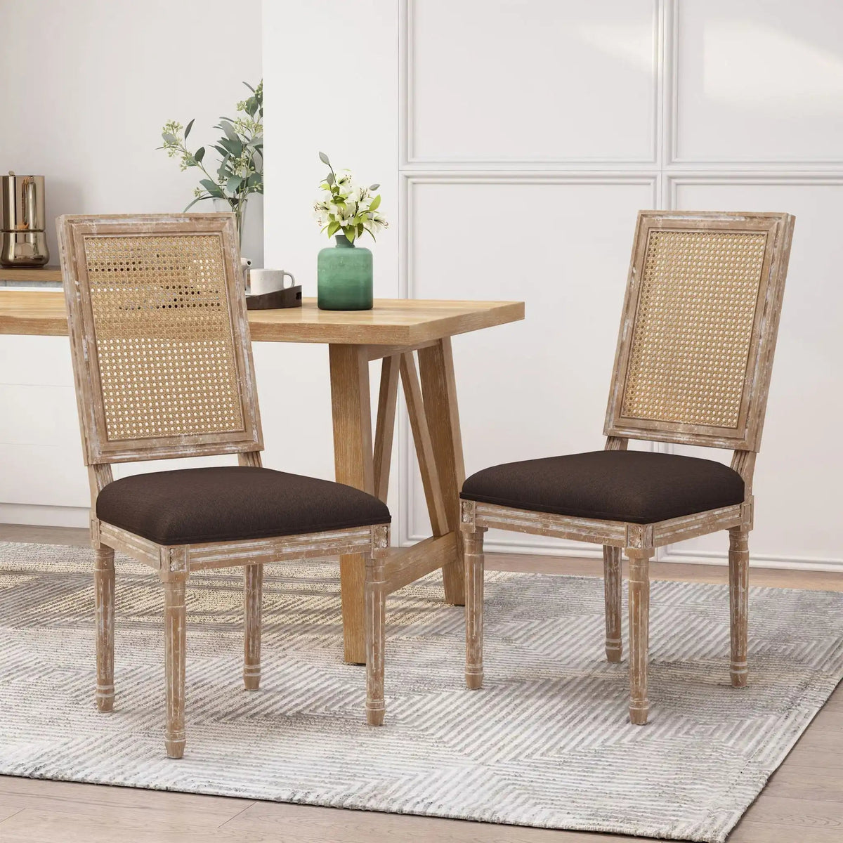 French Country Dining Chair With Rectangular Cane Backrest And Smooth Upholstered Seating
