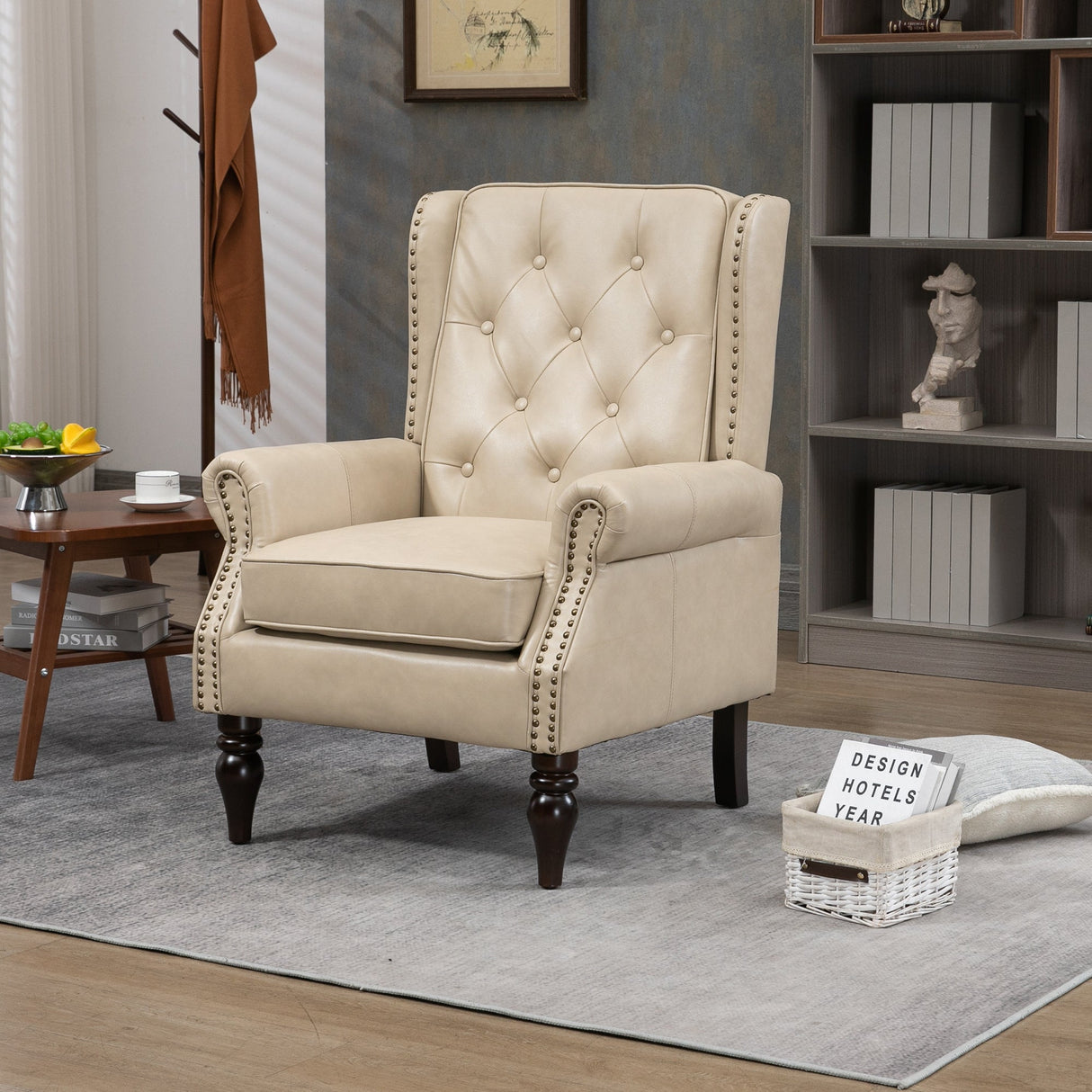 Modern Accent Lounge Chair with Sturdy Wood Legs in Camel PU Leather