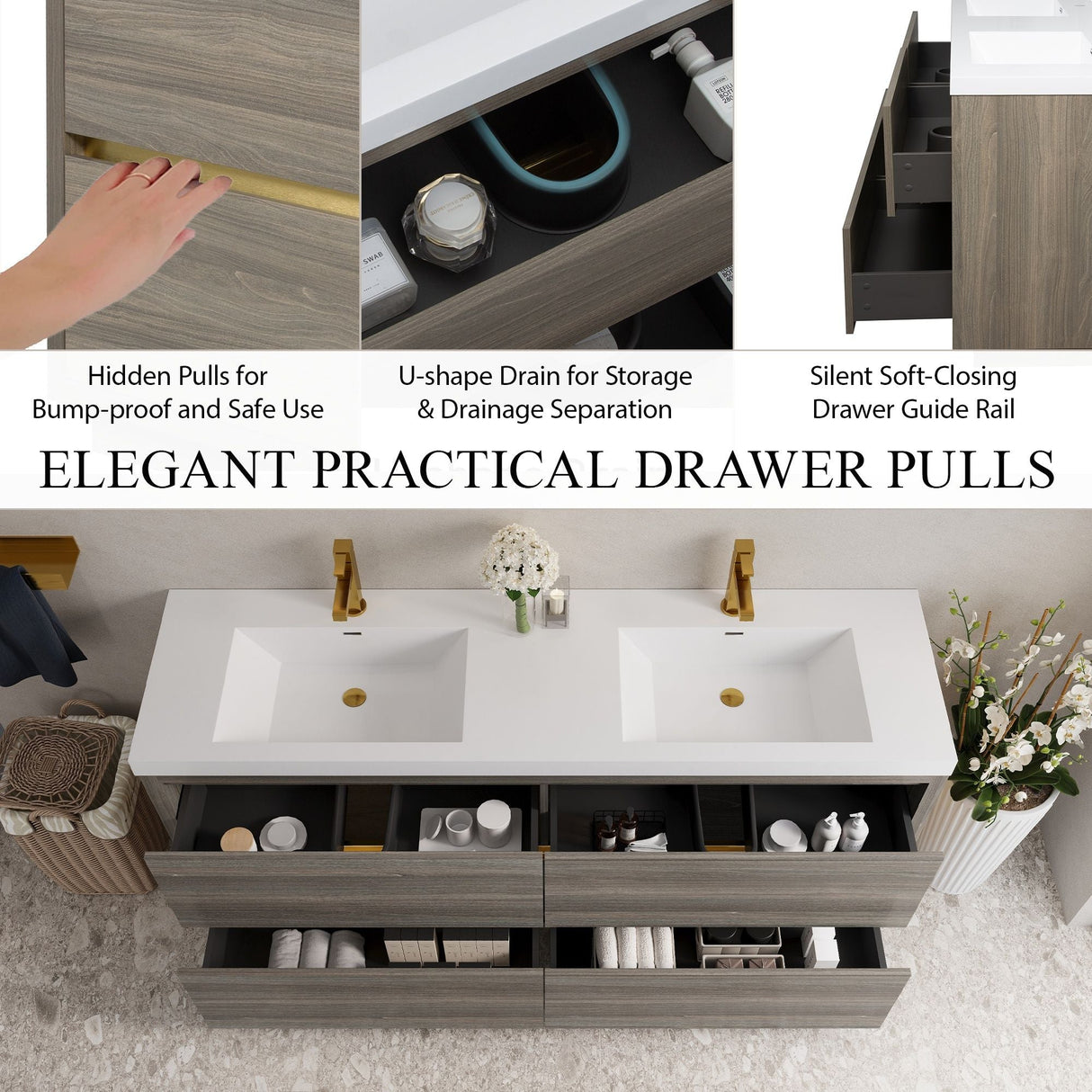 Bathin Freestanding Bathroom Vanity With Double Sinks, Bathroom Storage Vanity Cabinet With Stone Resin Countertop And Soft Close Drawers