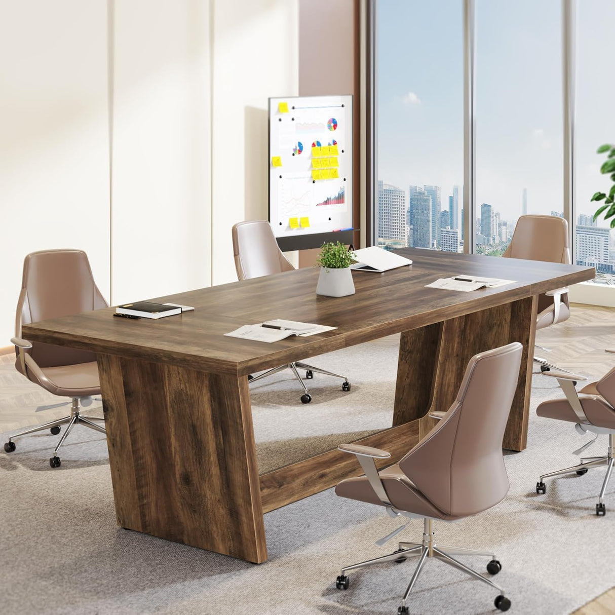 Executive Desk For Home Office, Computer Table With Pedestal, Large Writing Workstation - Brown