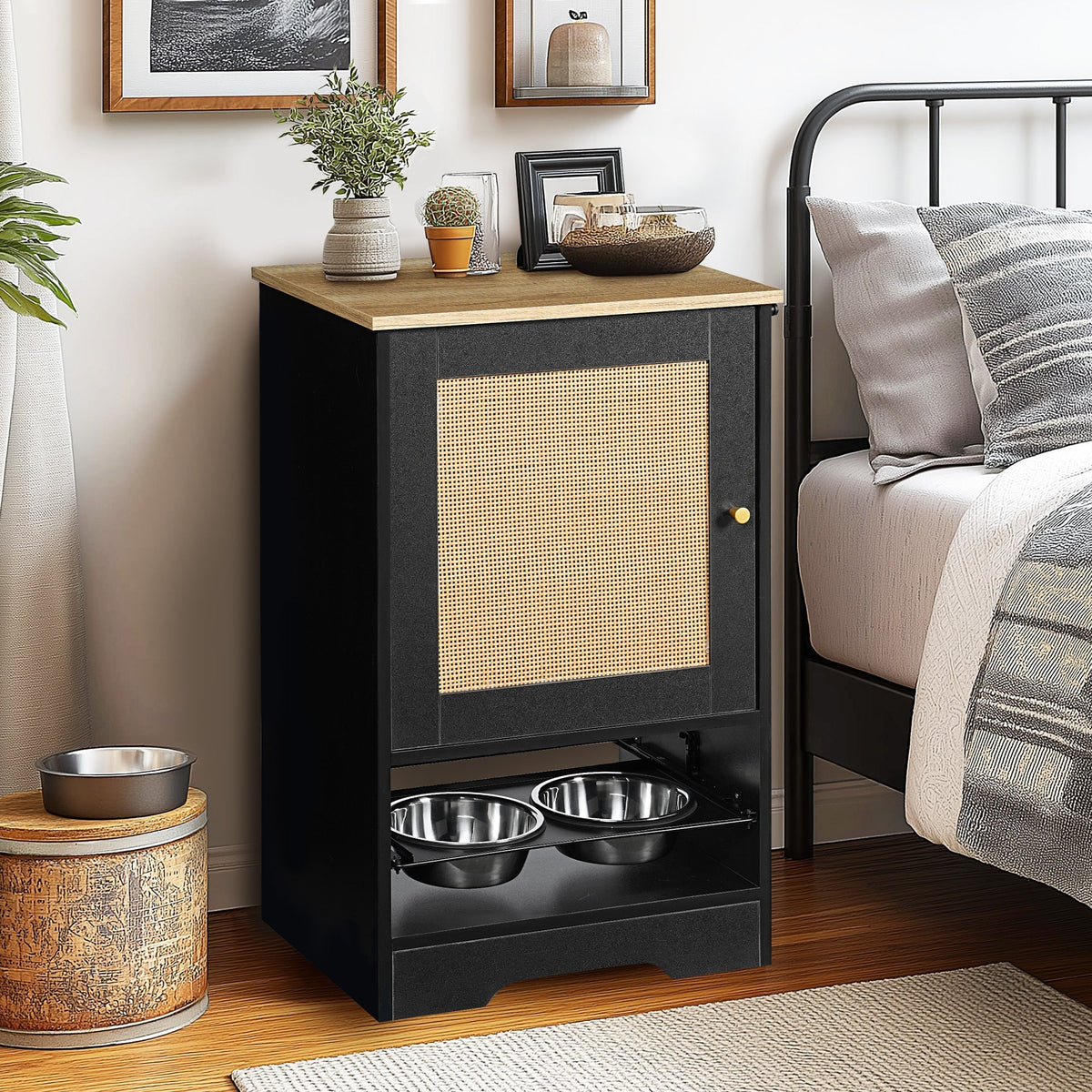 Feeding Station with Storage Cabinet and Stainless Steel Bowls - Black
