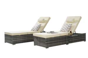 Outdoor Chaise Lounge Chair Set of 2 with Storage Patio Pool Chairs Tanning Lounges for Outside,Beach Rattan Recliners with Adjustable Backrest, Table, Cushion for Poolside Backyard Garden