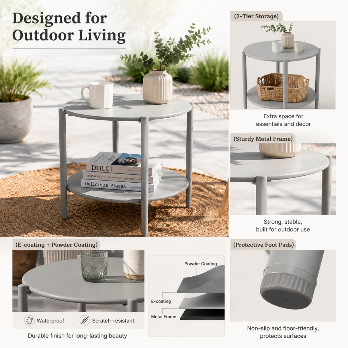 Metal Round Side Table - 2-Tier Outdoor End Table