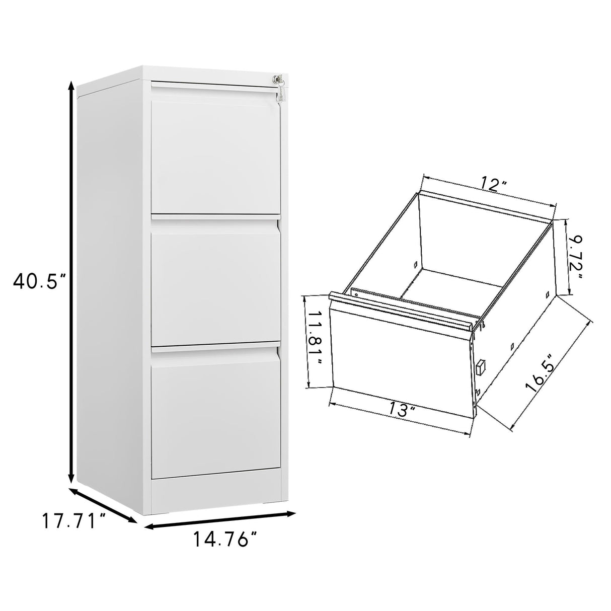 Durable Metal 3 Drawer File Cabinet With Lock for Office Storage