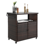 Outdoor Wicker Bar Cart with Glass Top and Wheels - Light Brown