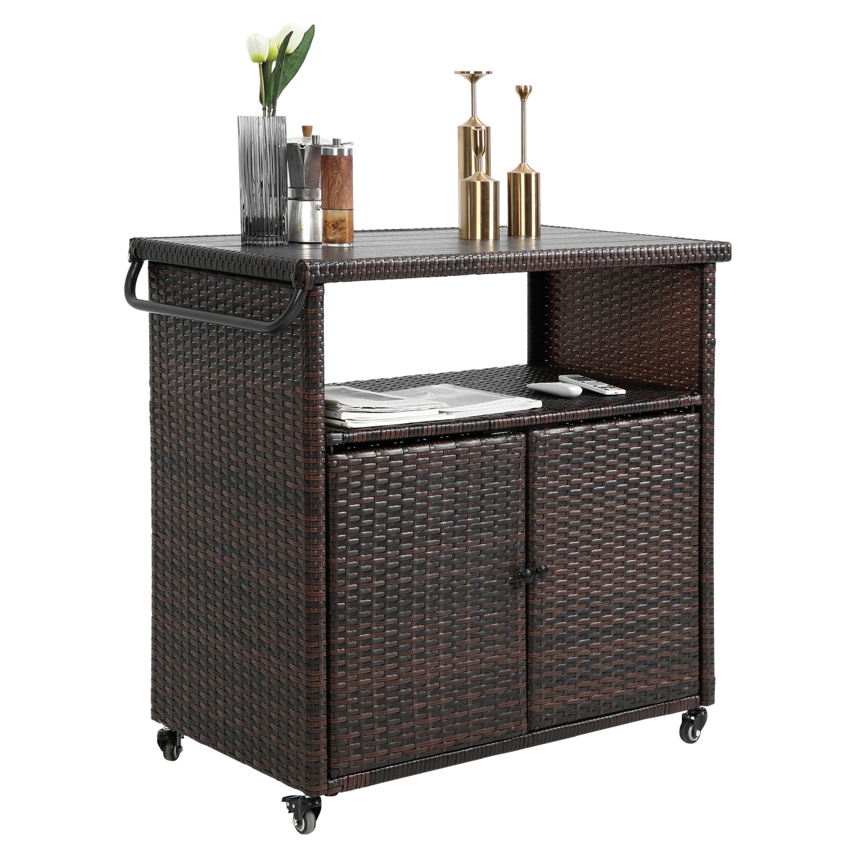 Outdoor Wicker Bar Cart with Glass Top and Wheels - Light Brown