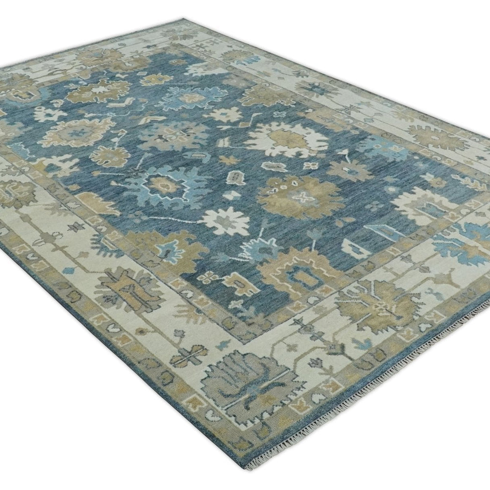 10x14 Antique Style Hand Knotted Blue, Ivory and Beige Traditional Vintage Oushak Wool Rug | TRDCP15721014