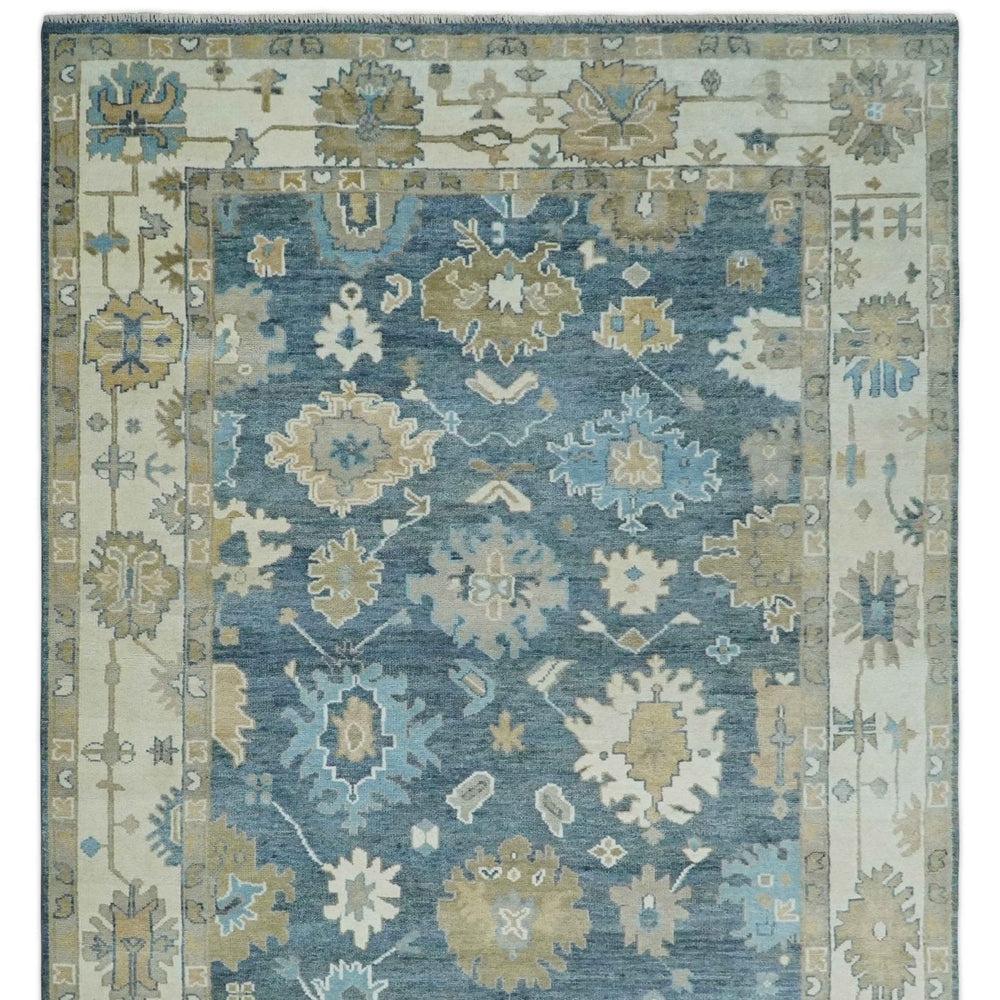 10x14 Antique Style Hand Knotted Blue, Ivory and Beige Traditional Vintage Oushak Wool Rug | TRDCP15721014