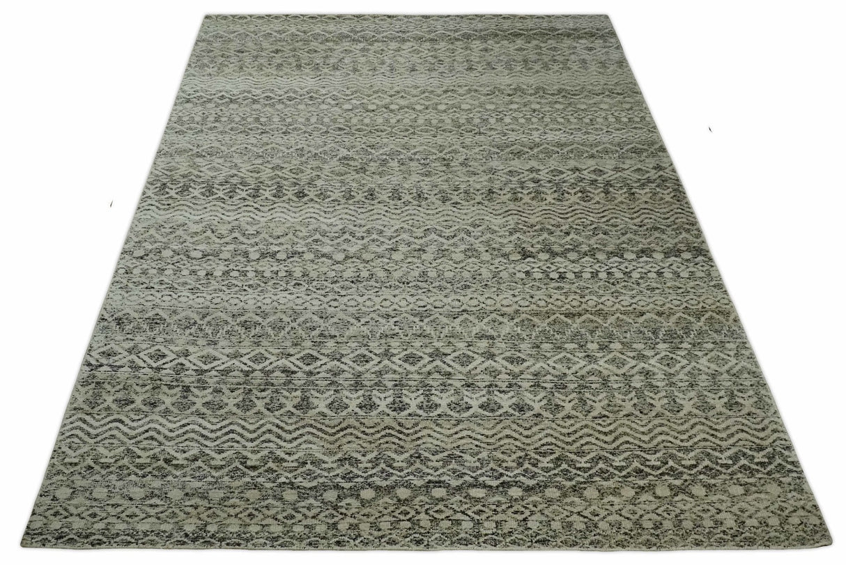 10x14 Hand Knotted Ivory and  Black Modern Contemporary Southwestern Recycled Silk Area Rug