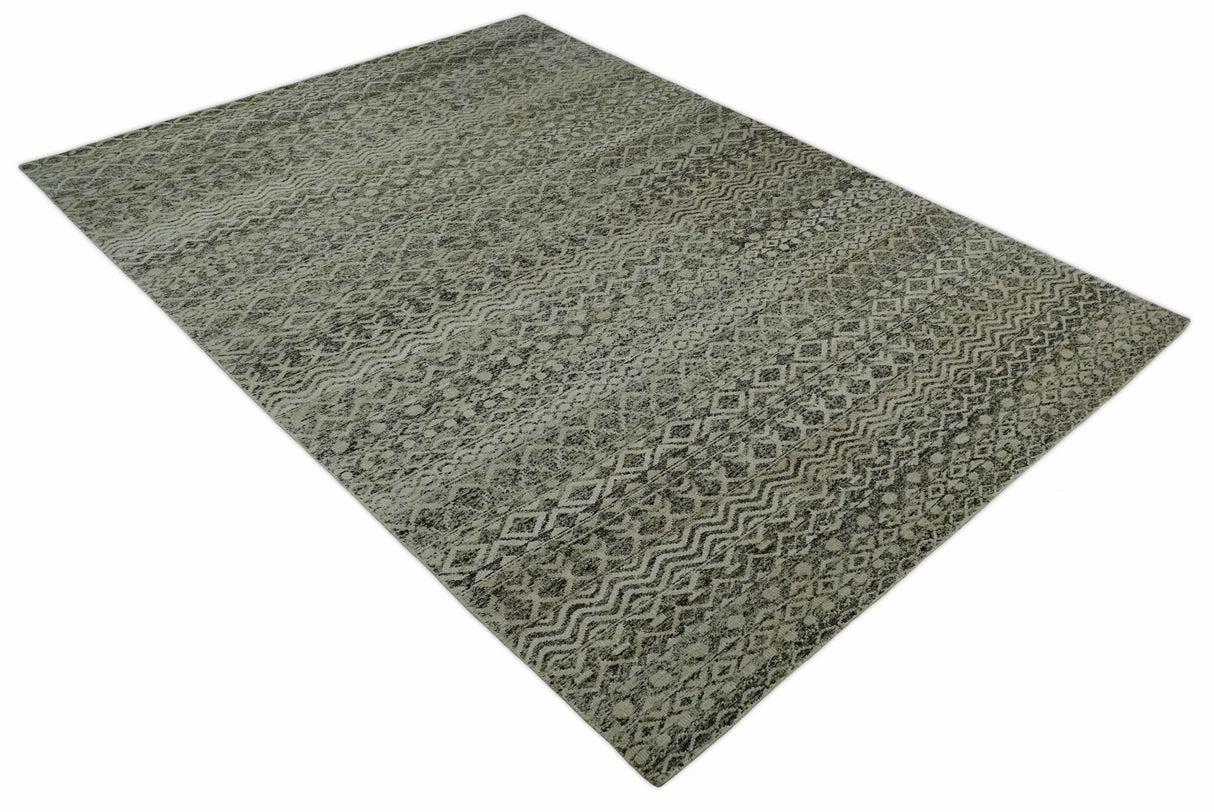 10x14 Hand Knotted Ivory and  Black Modern Contemporary Southwestern Recycled Silk Area Rug