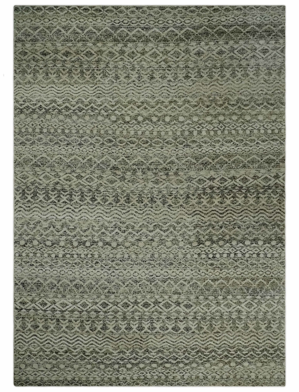 10x14 Hand Knotted Ivory and  Black Modern Contemporary Southwestern Recycled Silk Area Rug