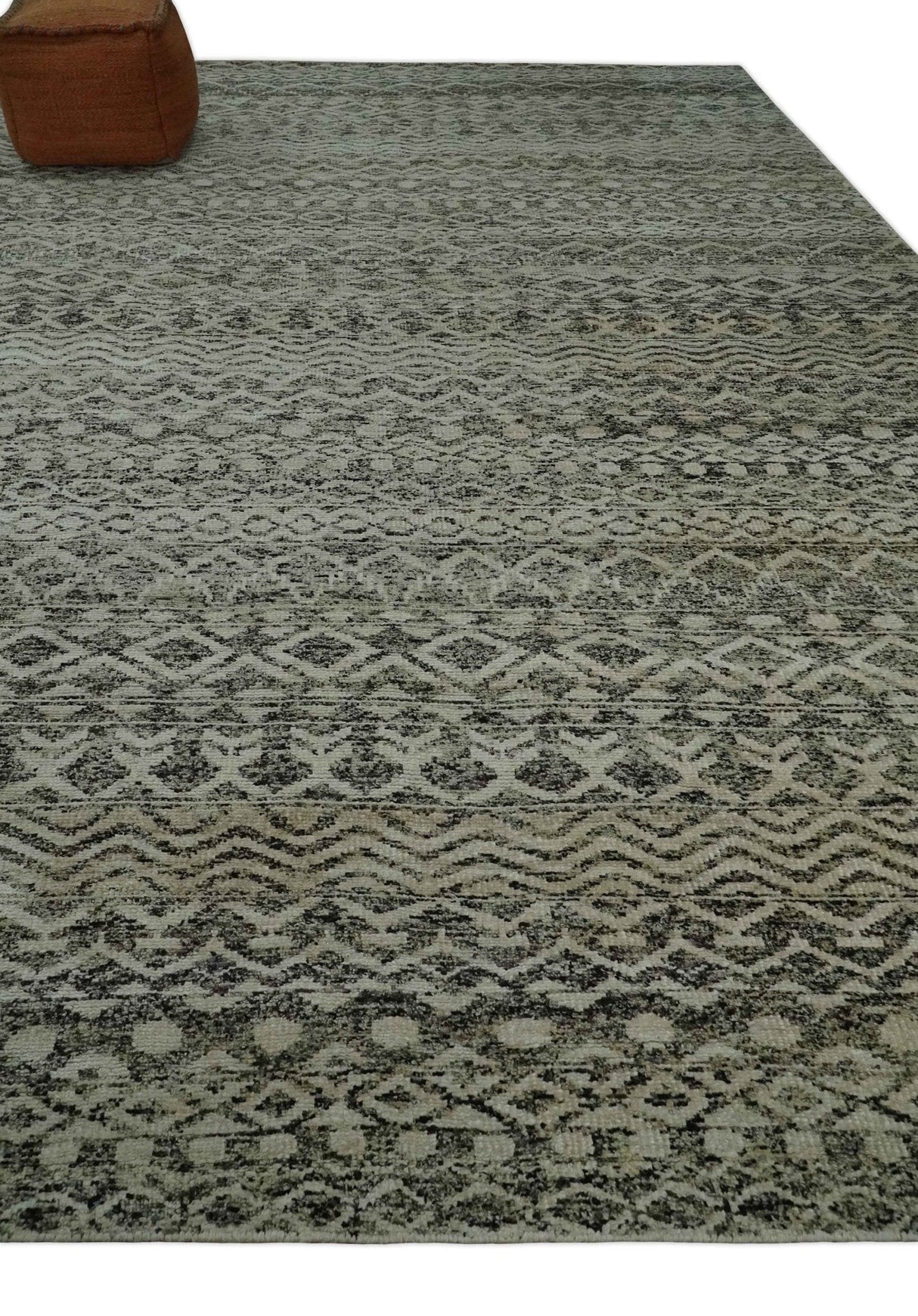 10x14 Hand Knotted Ivory and  Black Modern Contemporary Southwestern Recycled Silk Area Rug