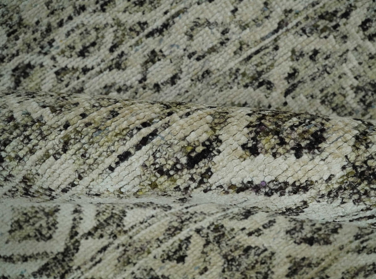 10x14 Hand Knotted Ivory and  Black Modern Contemporary Southwestern Recycled Silk Area Rug