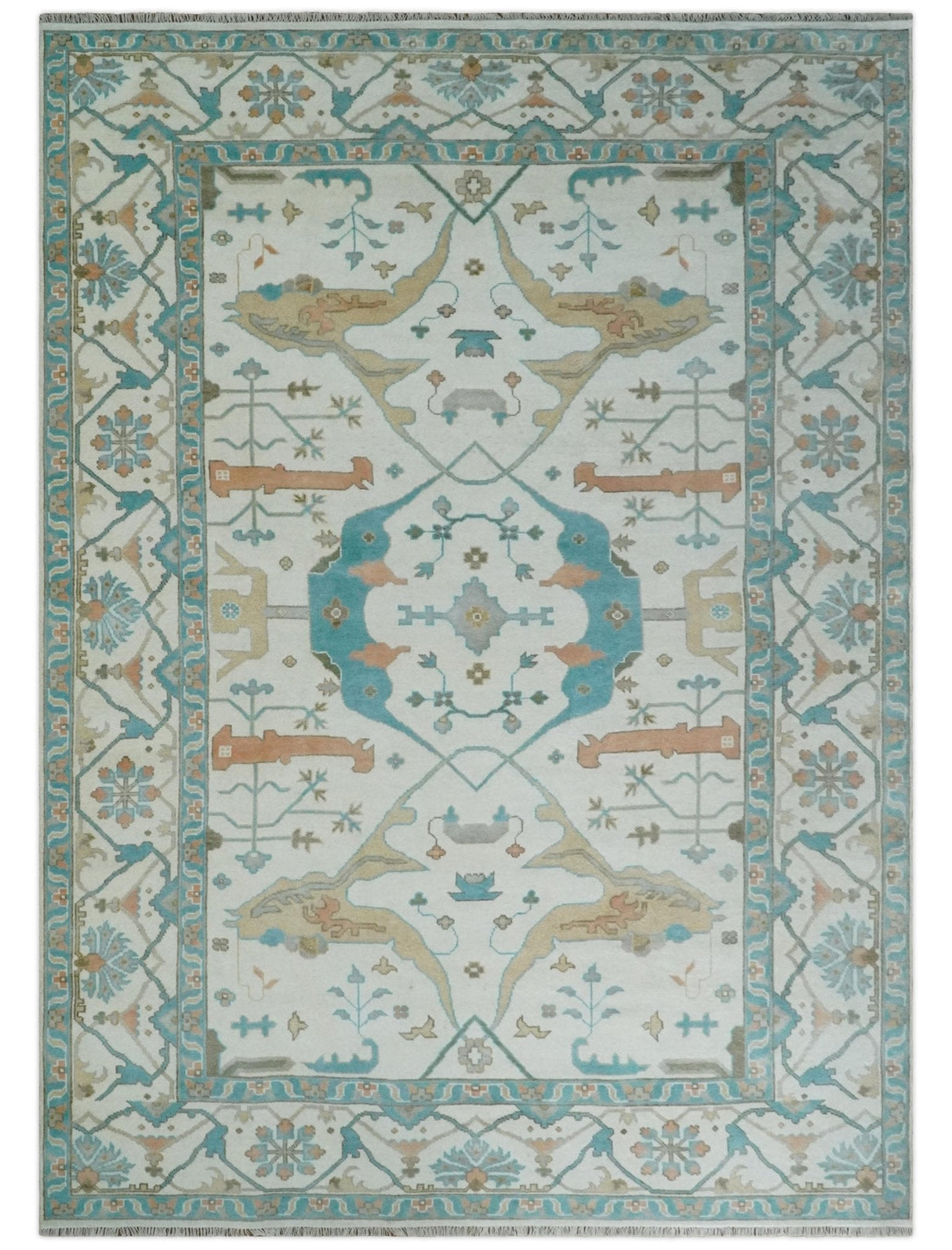 10x14 Ivory and Teal Hand knotted Oriental Oushak Traditional Wool Area Rug