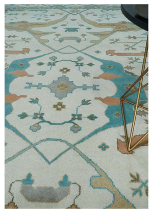 10x14 Ivory and Teal Hand knotted Oriental Oushak Traditional Wool Area Rug