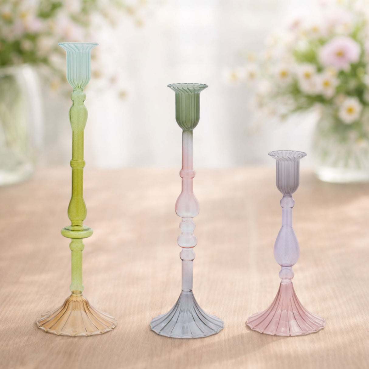 Multicolored Glass Taper Candle Holder (Set - 3)