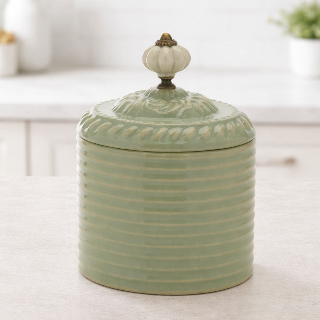 Ribbed Metal Canister with Lid 8"H; Green