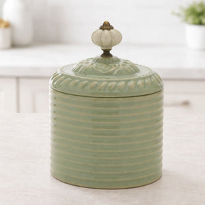 Ribbed Metal Canister with Lid 8"H; Green