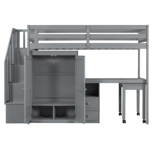 Loft Bed With Stairs, Bookshelf, Drawers, Desk & Wardrobe, Space Saving Multifunctional Furniture