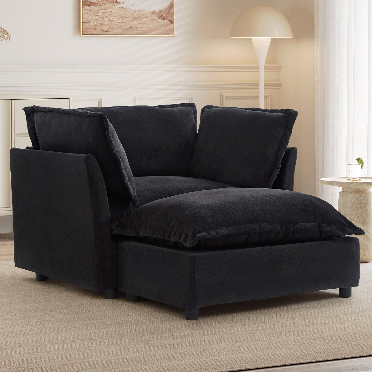Modern Armchair Sofa 47" Cozy Upholstered Sofa Chair with Movable Ottoman