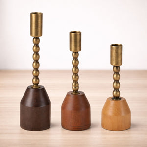 Modern Metal Taper Candle Holder with Birch Base (Set of 3)