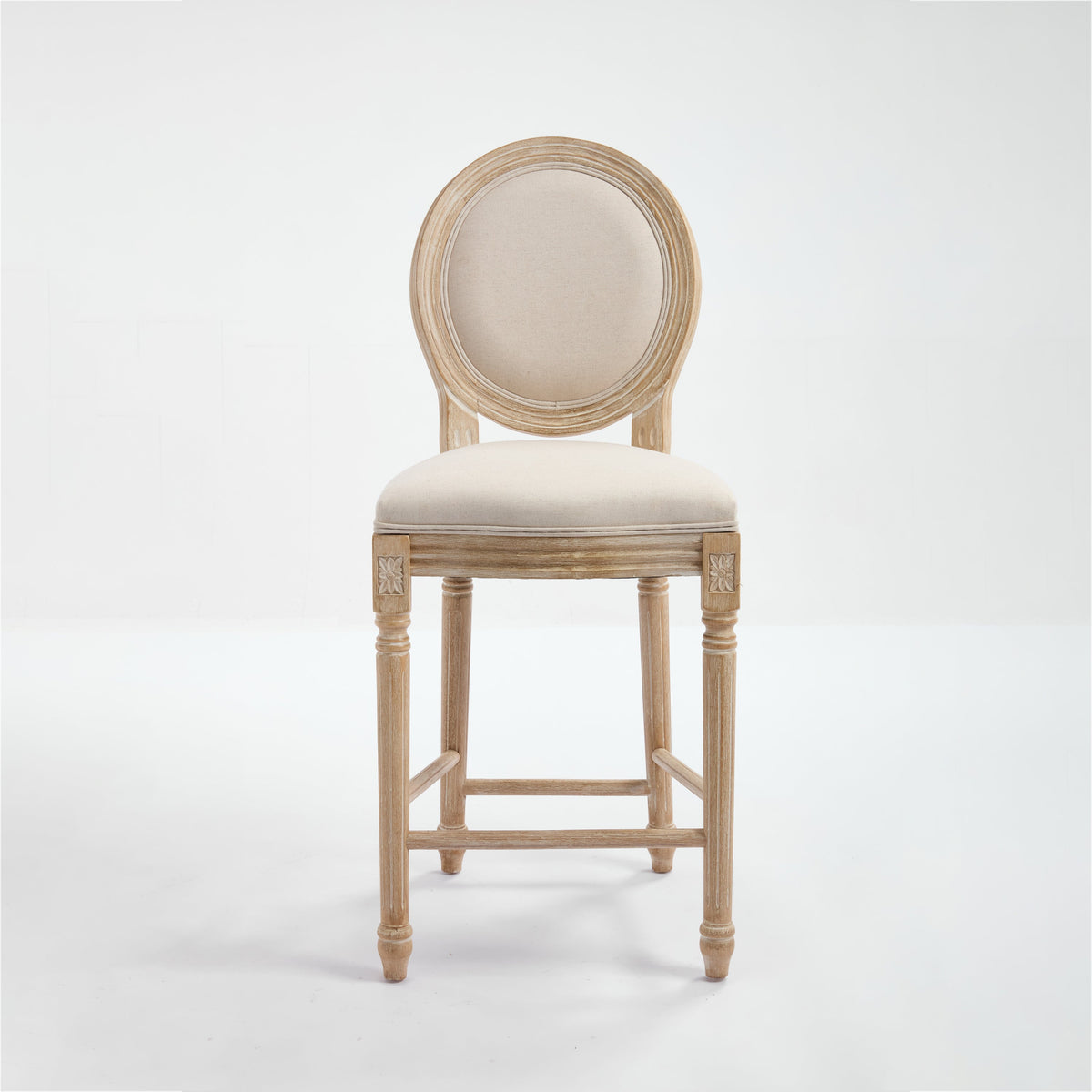 French Country 26'' Height Bar Chairs with Beige Linen Upholstery - Set of 2