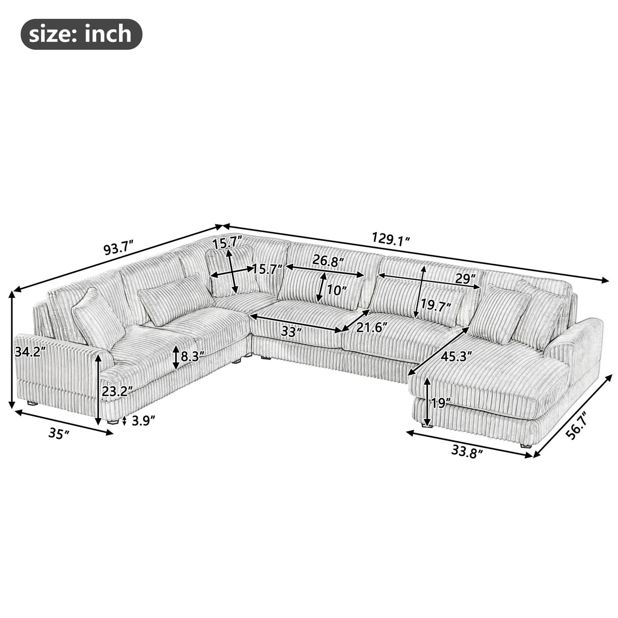 Oversized Sectional Sofa U - Shaped Sofa Couch Modern Sofa Upholstered In Soft With A Chaise Lounge For Living Room