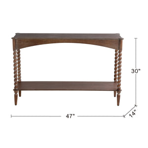 47x14x30" Rustic Brown Wood Console Table with Turned Spiral Legs and Lower Shelf