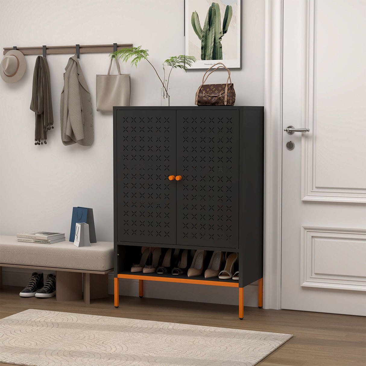 Grid Double Door Shoe Cabinet With Adjustable Compartments And Moisture-Proof Design In Metal