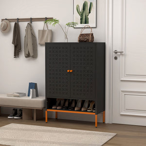 Grid Double Door Shoe Cabinet With Adjustable Compartments And Moisture-Proof Design In Metal