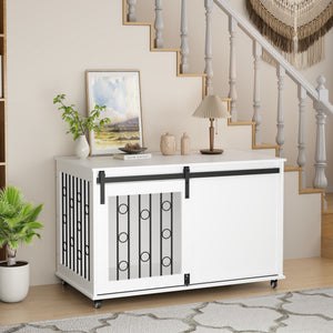 Dog Crate With Sliding Barn Door And Side Access, Lockable Wheels For Small To Medium Dogs - White