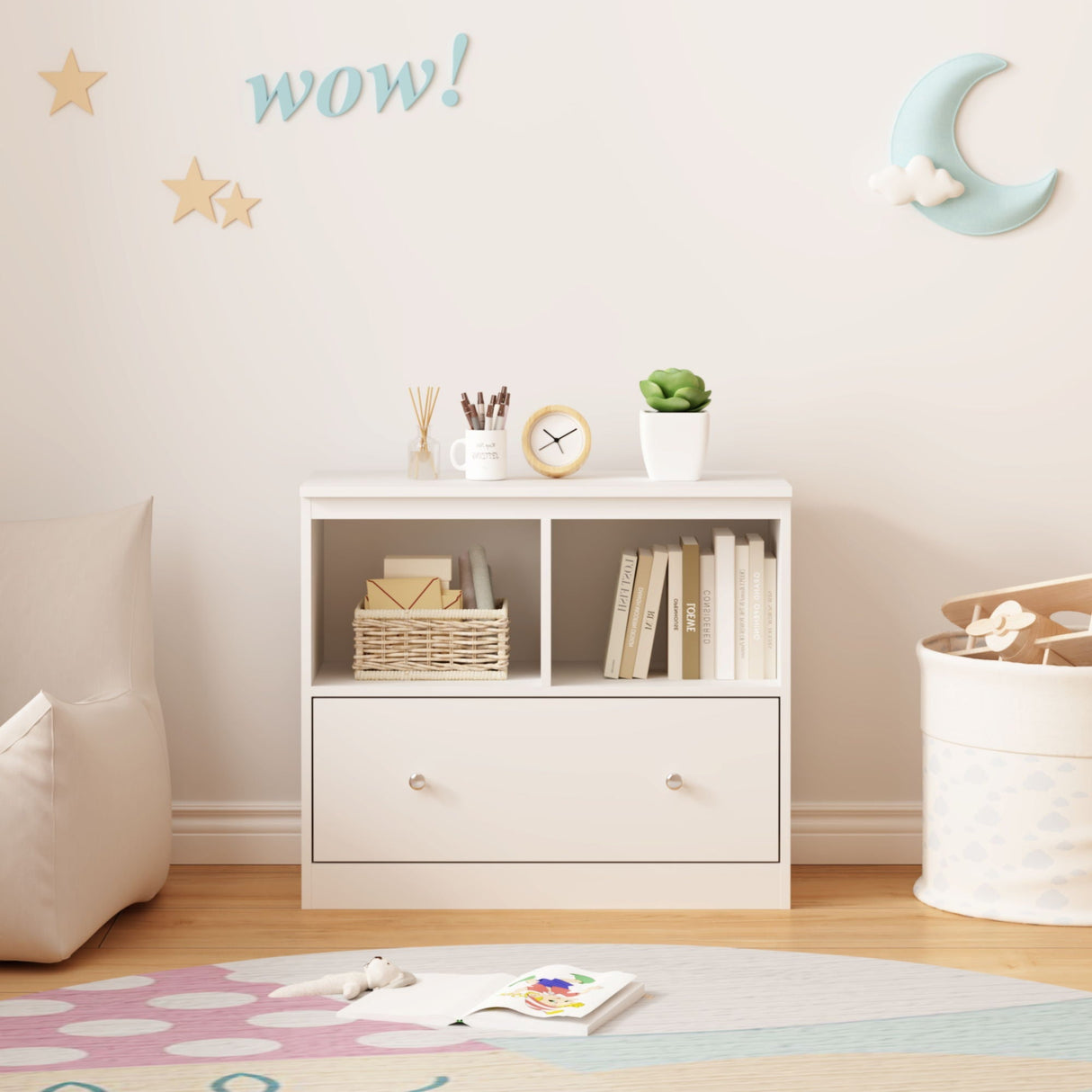 Toy Storage Organizer with Large Drawer and Low Bookshelf for Nursery & Playroom - White