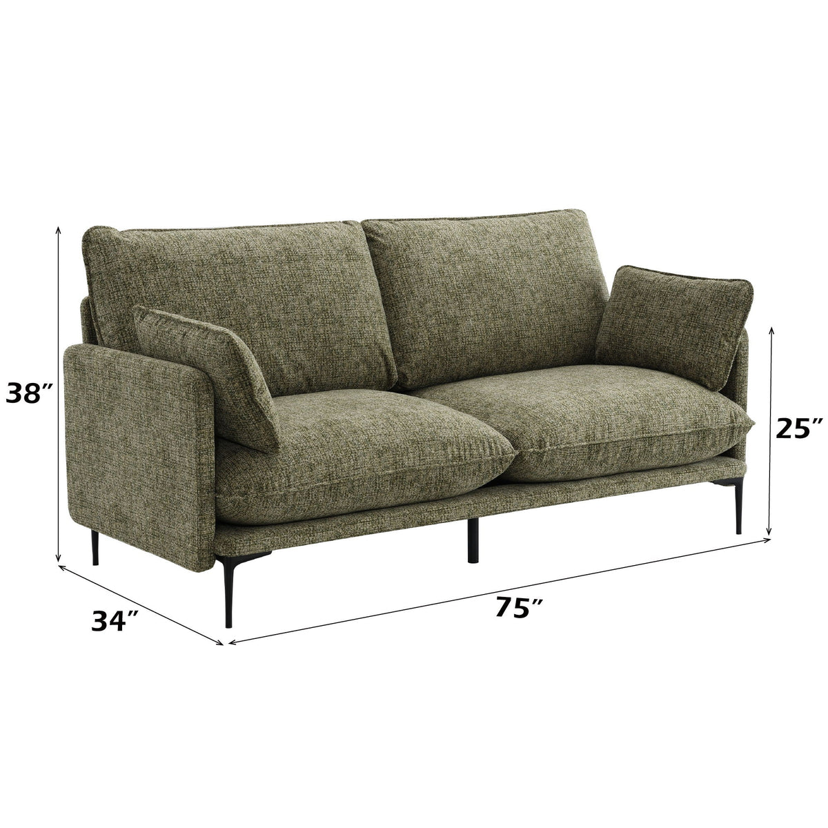 Green Stationary Sofa with Tufted Cushions and Metal Legs
