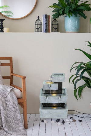 Decorative 4 Tier Block Fountain With Light for Indoor and Outdoor - Black / Gray