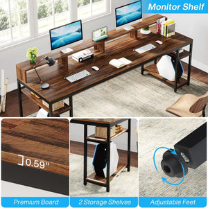 2 Person Desk With Monitor Stand, Long Office Workstation With Dual Storage Shelves And Frame - Brown / Black