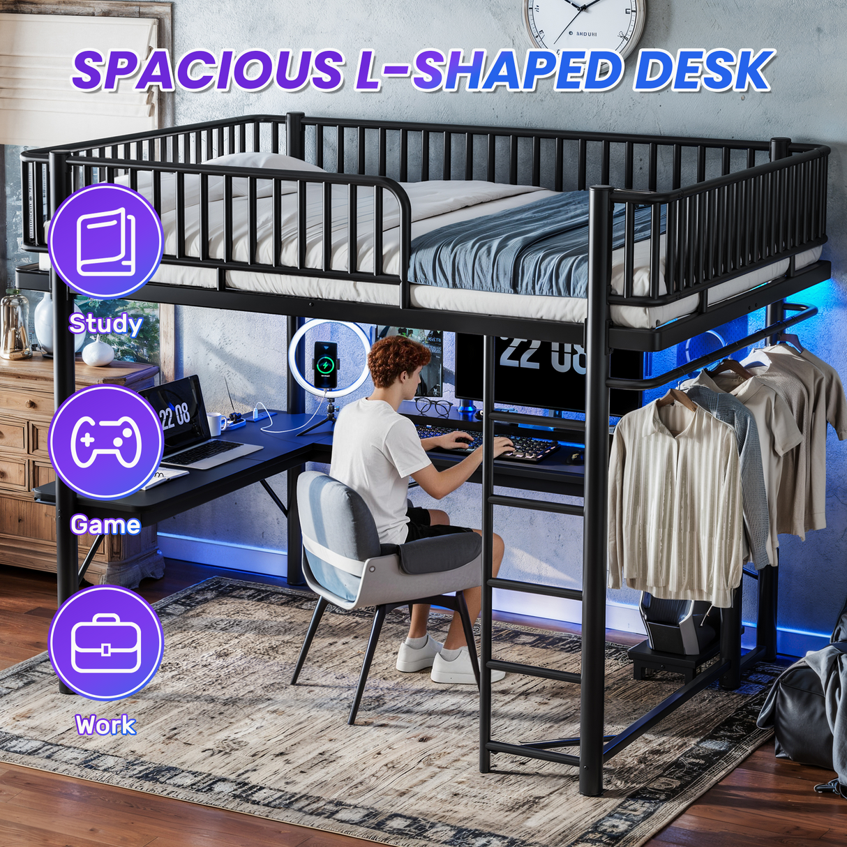 Queen Loft Bed with L-Shaped Desk