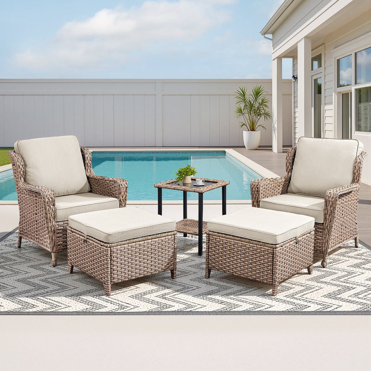 5-Piece Outdoor Lounge Chairs Set with Side Table and Ottomans