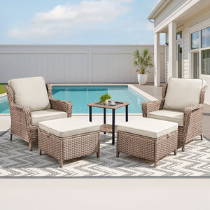 5-Piece Outdoor Lounge Chairs Set with Side Table and Ottomans