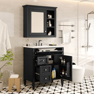 Bathroom Vanity With Medicine Cabinet, Royal Mirror Cabinet, Modern Bathroom Storage Cabinet With 2 Soft Closing Doors And 4 Drawers