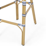 29.5" outdoor pe rattan french barstool, dark teal and white, aluminum frame with bamboo finish (set of 2)