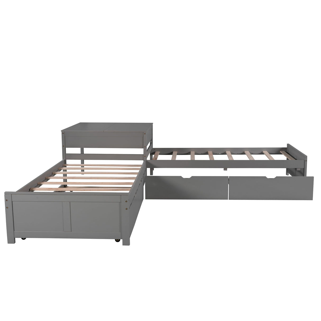 L Shaped Platform Bed With Trundle And Drawers Linked With Built In Desk
