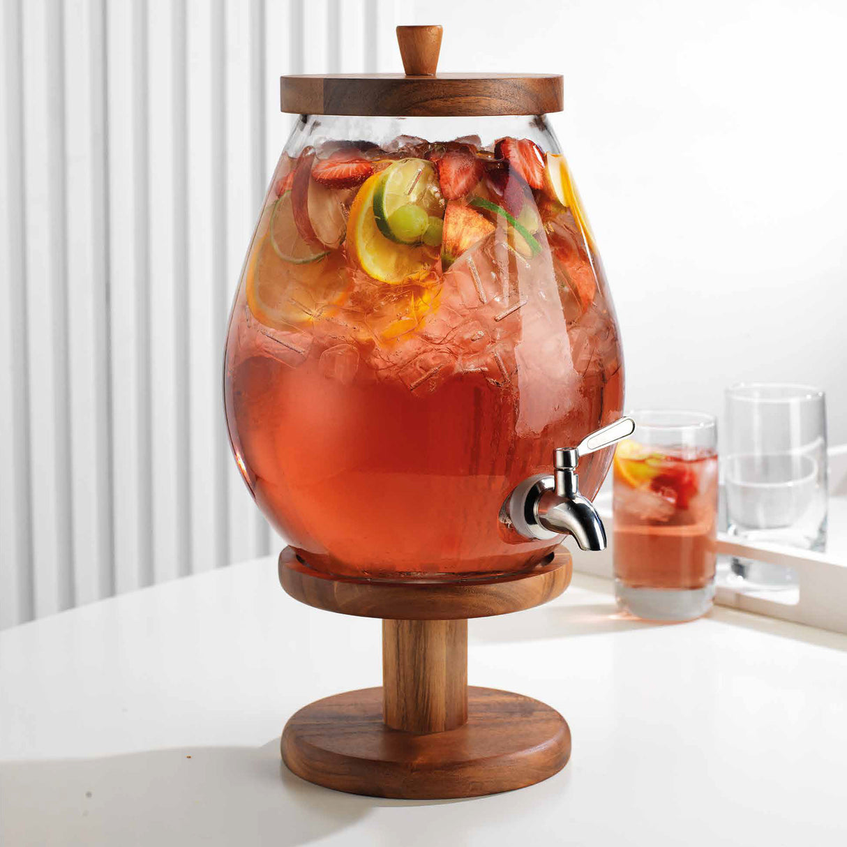 Wood-Accented-Glass-Beverage-Dispenser-On-Wooden-Stand-Bar-&-Beverage-Accessories