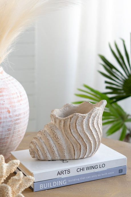 9x5.5x5.7'-Sand-and-Cement-Conch-Shell-Planter-with-Textured-Beige-Finish-Planters