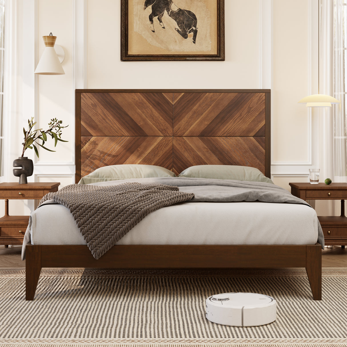 Mid-Century Modern Platform Bed Wood Slat Support with No Box Spring Needed,Full, Walnut