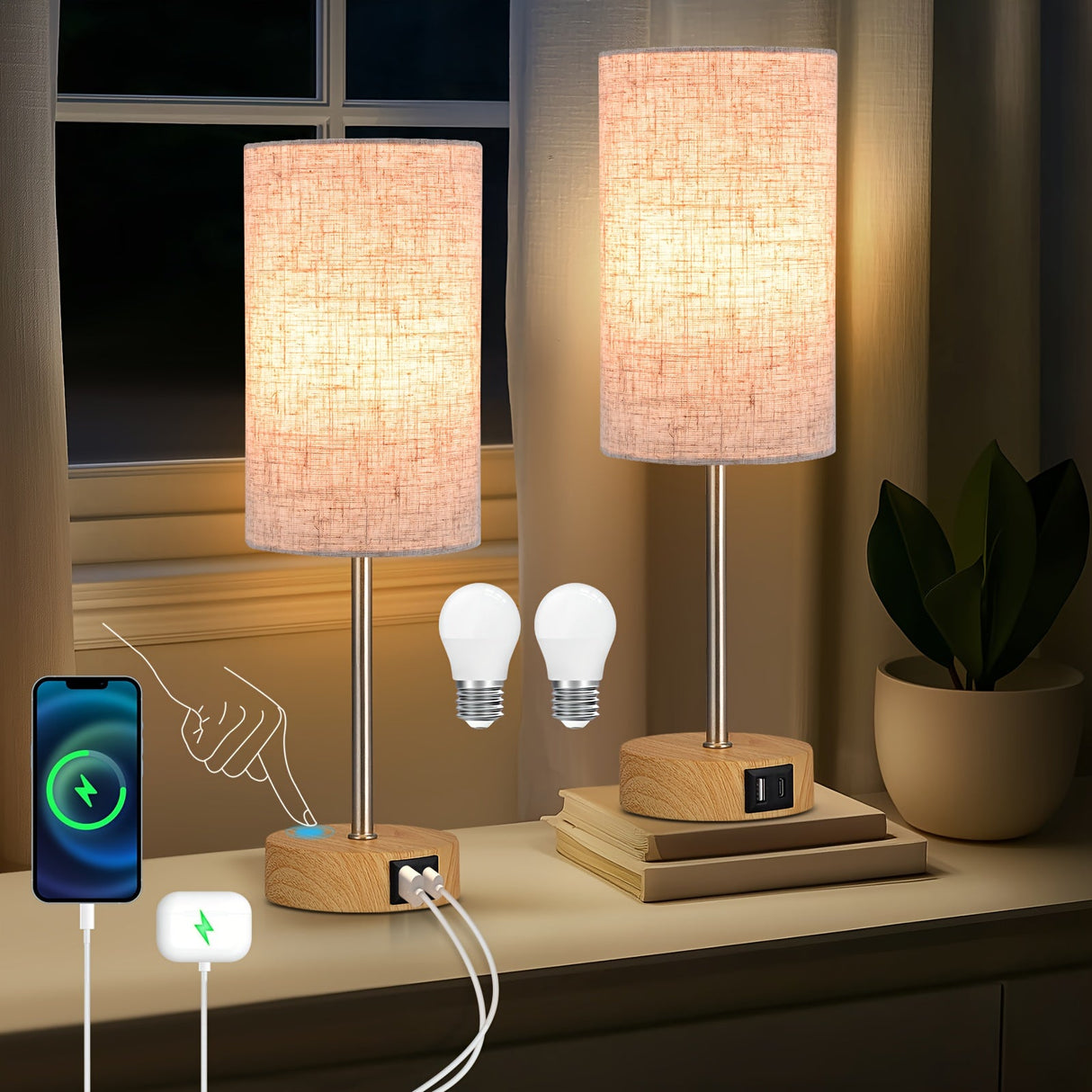 2-Pack Touch Control USB Table Lamps – 3-Way Dimmable LED Bedside Light Set