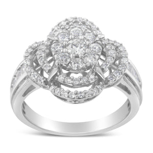 14K White Gold 1.0 Cttw Round & Baguette Cut Diamond Floral Cluster Quatrefoil Channel Set Band Cocktail Statement Ring (H-I Color, SI2-I1 Clarity) - Size 6-3/4